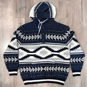 American Eagle Outfitters Navy and Cream Geometric Hooded Zip Pullover